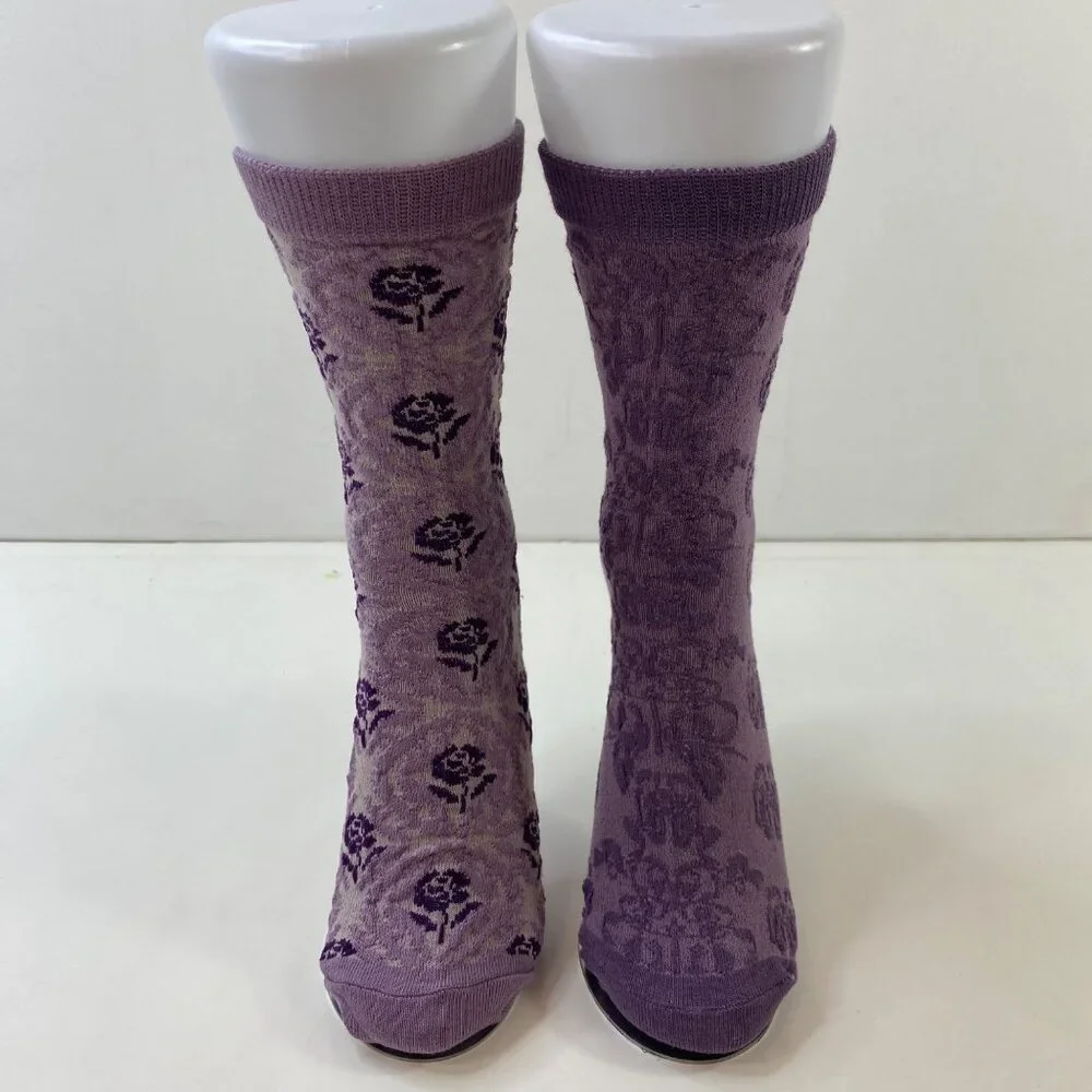 Womens Floral Patterned Crew Socks 2 Pack Rose Abstract Ribbed Cuff Purple
